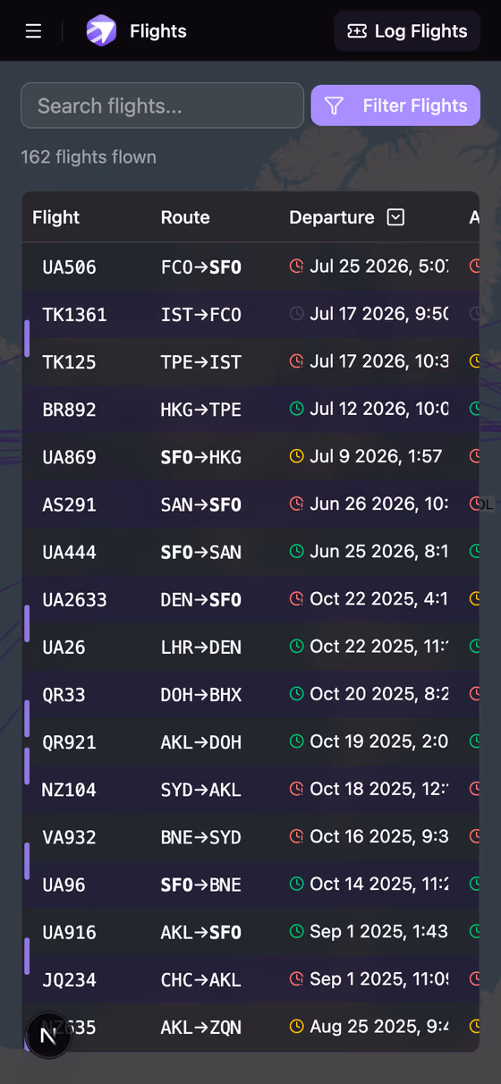 The Taya flight list on a phone-sized screen