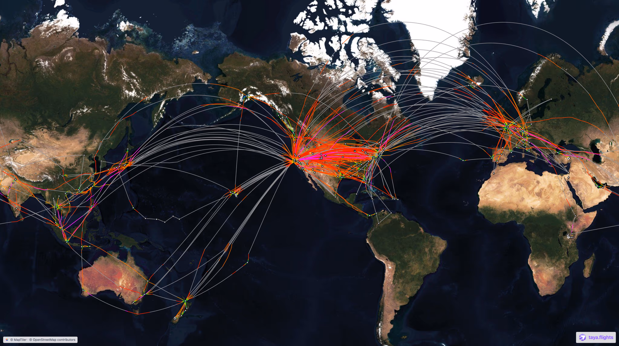A real Taya flight map — hundreds of flight tracks arcing between continents over a dark satellite view of the world