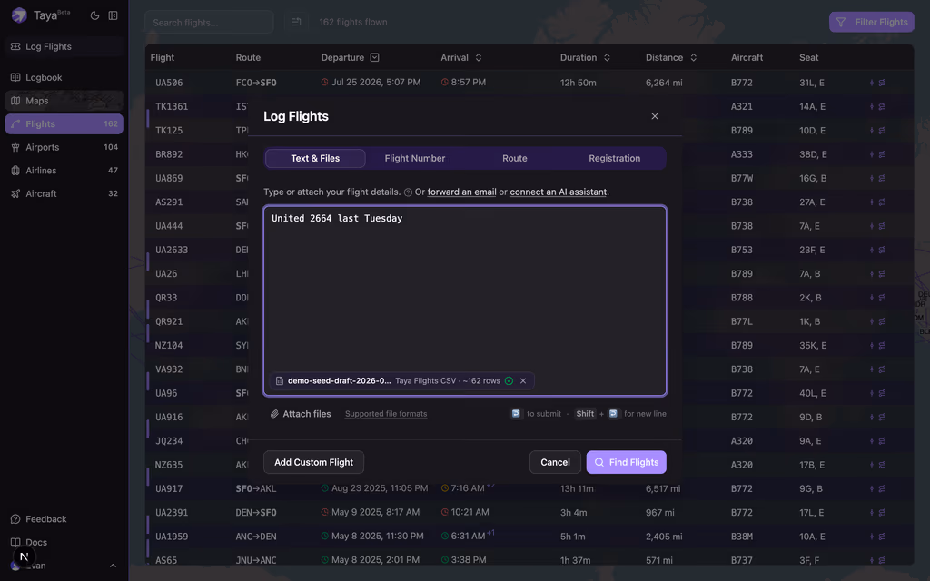 The Log Flights dialog parsing a typed flight and an attached Taya Flights CSV export