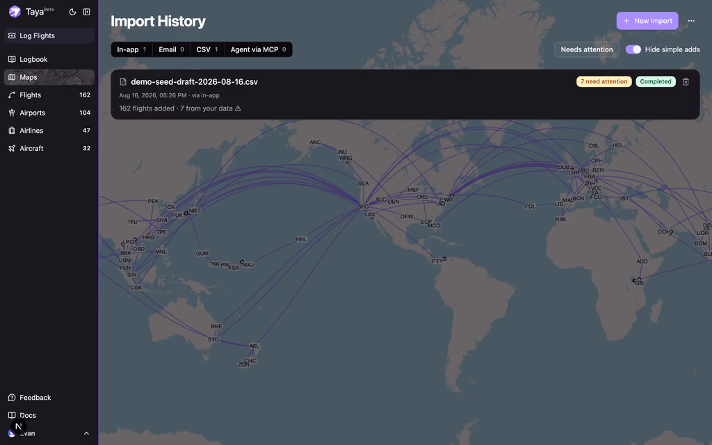 The Import History ledger listing a completed import with rows needing attention flagged