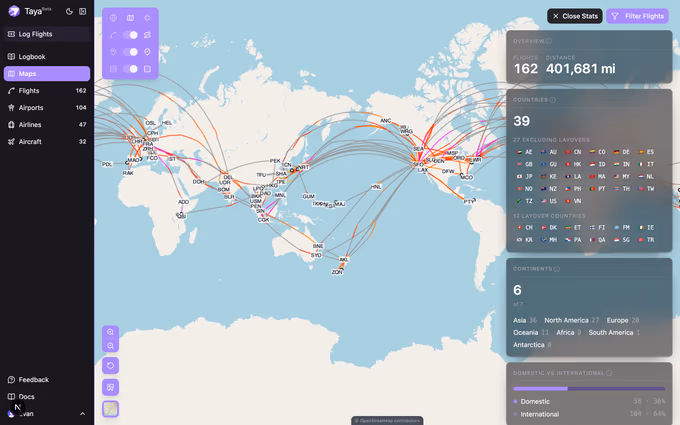 The Atlas — a world map of every route flown alongside a stats rail with countries and continents