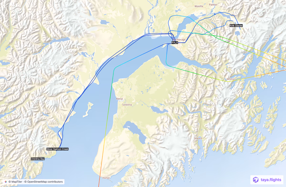 Bush-flight tracks over southcentral Alaska — a seaplane out-and-back from Anchorage that set down on the water at the base of Knik Glacier, and a Lake Clark National Park trip with beach landings at Silver Salmon Creek and Chinitna Bay